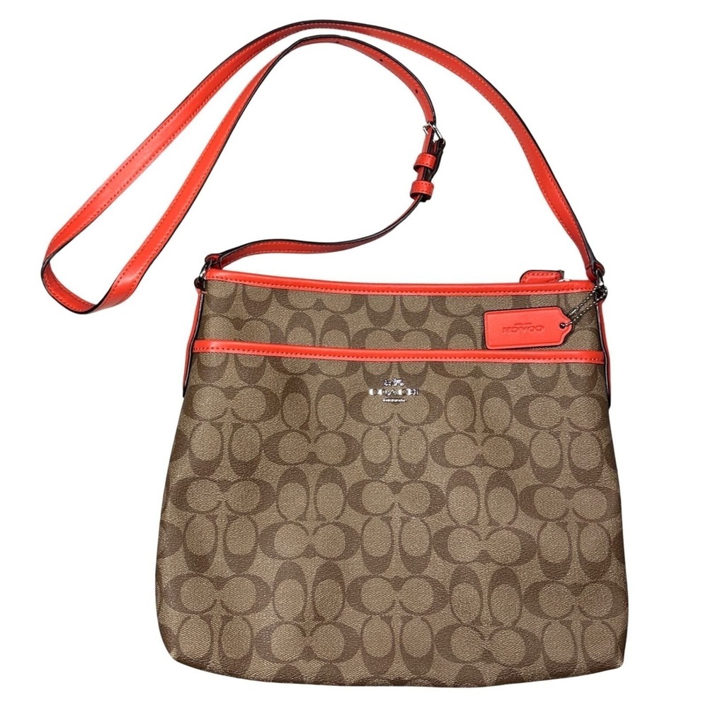 Coach F58297 Signature File Crossbody Bag‎ Brown Khaki Bright Orange